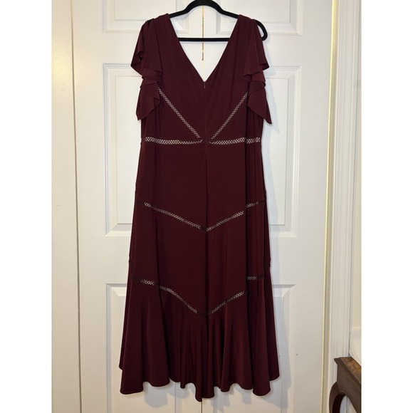 Taylor Burgundy Ruffle Cap Sleeve High-Low Midi Geometric Dress Women's Size 16W - Picture 3 of 16